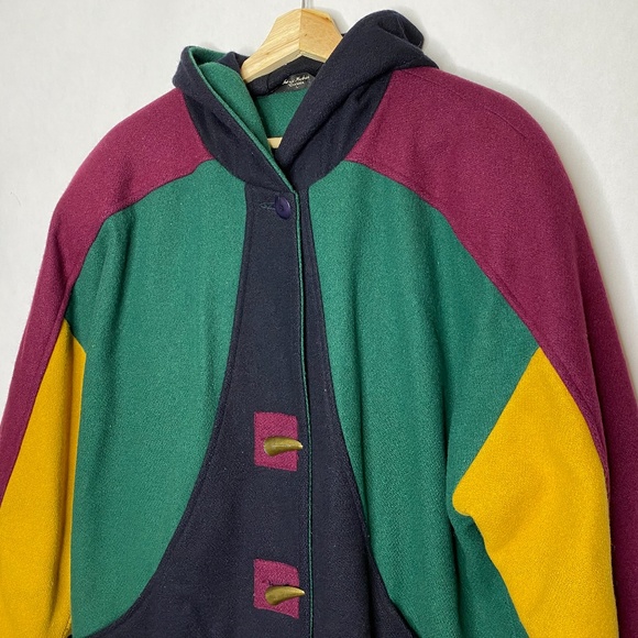 90s Color block ADA Wool Peacoat Colourful Green, Purple, Yellow, Black Sz Large - Picture 2 of 9